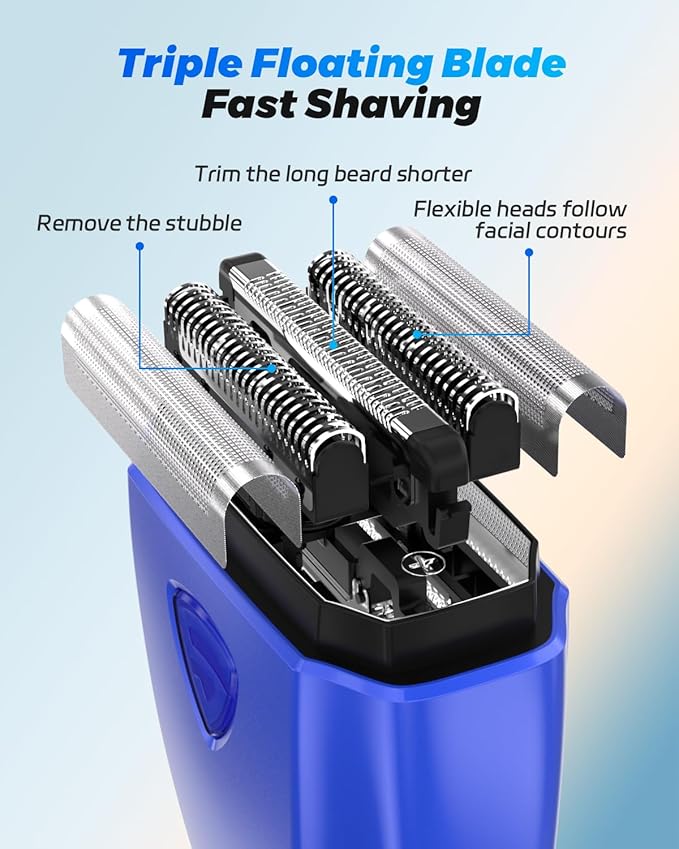 SKYWILL Electric Foil Shaver for Men, Wet & Dry Electric Shaver with 3 Floating Blades, Built-in Mirror Cap, USB-C Fast Charge, IPX7 Waterproof Portable Shaver for Travel & Home Use (Blue)