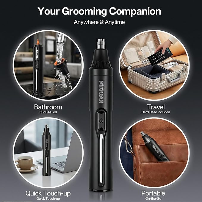 Rechargeable Nose Hair Trimmer - 4-in-1 Ear Eyebrow Beard Grooming Kit for Men & Women, Waterproof Quiet Motor, Type-C Fast Charging, Portable Travel Size Nose Trimmer Beard Trimmer (Black)