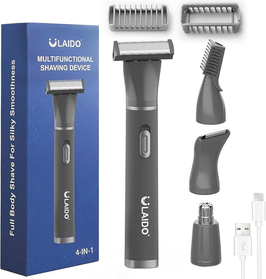 Body Hair Trimmer for Men, 4 in 1 Versatile Trimmer Shavers for Groin/Ball/Beard/Eyebrow/Nose/Ear Hair Shaver, USB-C Electric Pubic Hair Trimmer for Smooth Shaving with Storage Bag