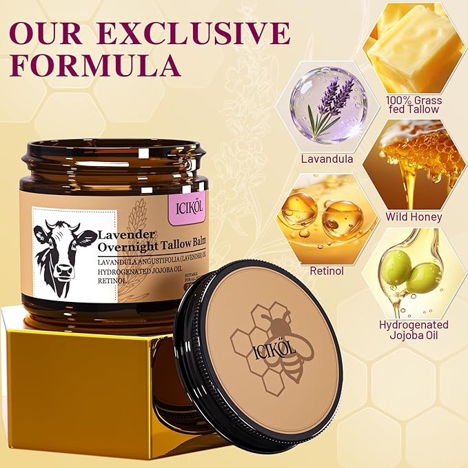 Beef Tallow Honey Balm, Grass-Fed Tallow Moisturizer for Face and Body, Deep Hydration Cream with Lavender Scent, Handmade Natural Skin Nourishment, 2.1 oz