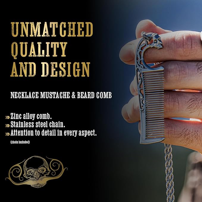 Mustache Wax Strong Hold No Heat Required Sudden Death 1 oz Tin & Necklace Death Grip Mustache Comb Mens Combo Kit - Grooming For Men Handlebar Moustache