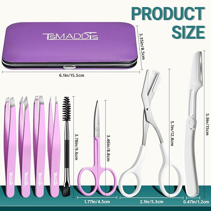 TsMADDTs Eyebrow Tweezers, 8 in 1 Tweezers Set for Women Facial Hair, Eyebrow Trimmer Scissors, Professional Shaping Grooming Kit