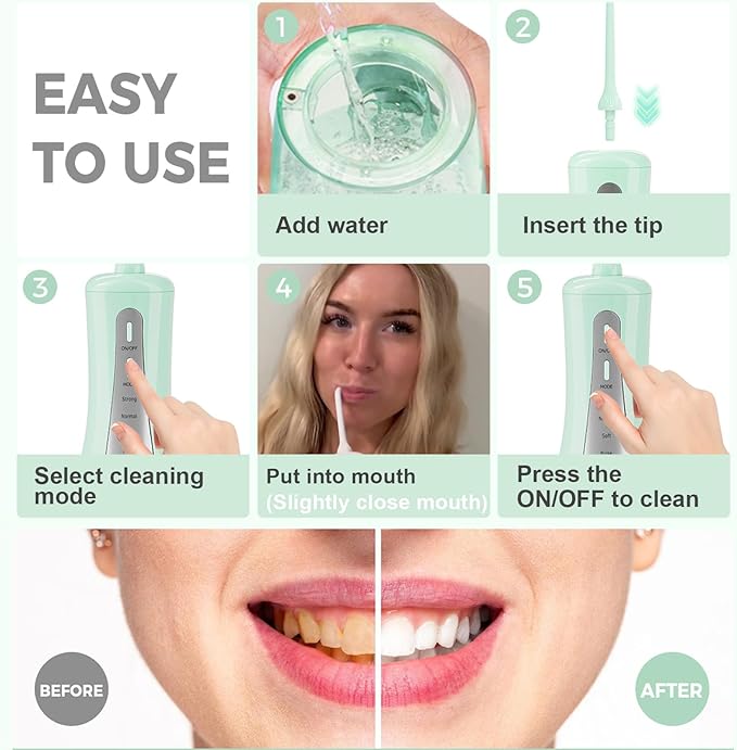 2026 New 350ML Water Flosser with Drainage & Storage Stand, Keeps Dry & Clean, 5 Modes, 360°Nozzle, Cordless Rechargeable, IPX7 Waterproof, Portable for Home & Travel (Green)