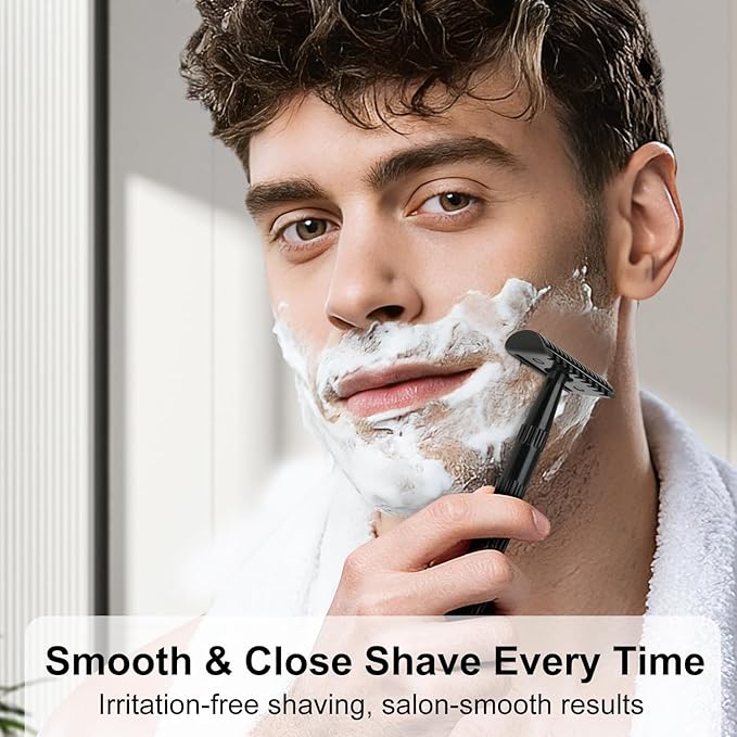 Double Edge Safety Razor, Single Blade Razors for Men and Women, Resuable Metal Razor, with 10 Double Edge Blades, Smooth Close Shave, Plastic-free Eco-Friendly Sustainable Shaving