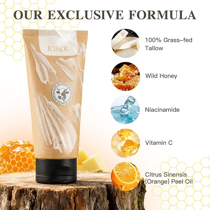 Organic Beef Tallow Honey Balm, Whipped Moisturizer for Face and Body, Grass-Fed Tallow Cream for All Skin Types, Orange Blossom Scent, Non-Greasy Day & Night Skincare, 5.3 oz