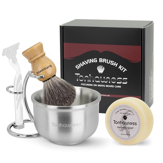 Shaving Brushes Kit For Men, 4 In 1 Shaving Brush Set Includes Hair Bristle Shaving Brush, Stainless Steel Shaving Bowl, Shaving Stand with Razor Holder and Shaving Soap
