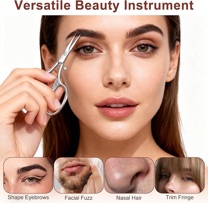 Small Facial Hair Scissors Precision Stainless Steel Nose Hair Scissors Straight Tip Beauty Grooming Kit for Eyebrow Eyelash Beard Nose Trimming Tool with PU Leather Case