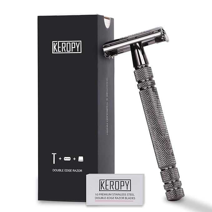Double Edge Safety Razor for Men with 10 Blades, Butterfly Open Design for Close Shave - Eco-Friendly Metal Razor, Premium Gift for Dad, Husband - Modern Shaving Kit - Gloss Black