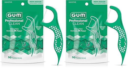 GUM Professional Clean Floss Picks - Extra Strong Shred-Resistant Floss, Easy Grip Handle - Dental Flossers for Adults - Fresh Mint Flavor, 90 Count (Pack of 2)