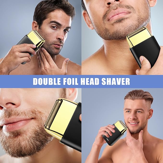 HIENA PRO Foil Shaver for Men Barber, Double Electric Foil Trimmer, Professional Electric Razor, Close Shaver, Cordless Rechargeable with USB, Black Gold
