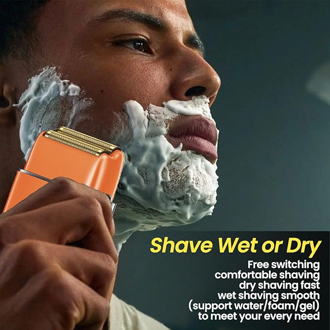 Electric Foil Shavers for Men, 3 Speed Electric Razor for Men, High Speed Dual Floating Blades, IPX7 Waterproof Wet & Dry, LED Display, USB Type C Charging, Foil Razor for Face/Beard/Head (Orange)
