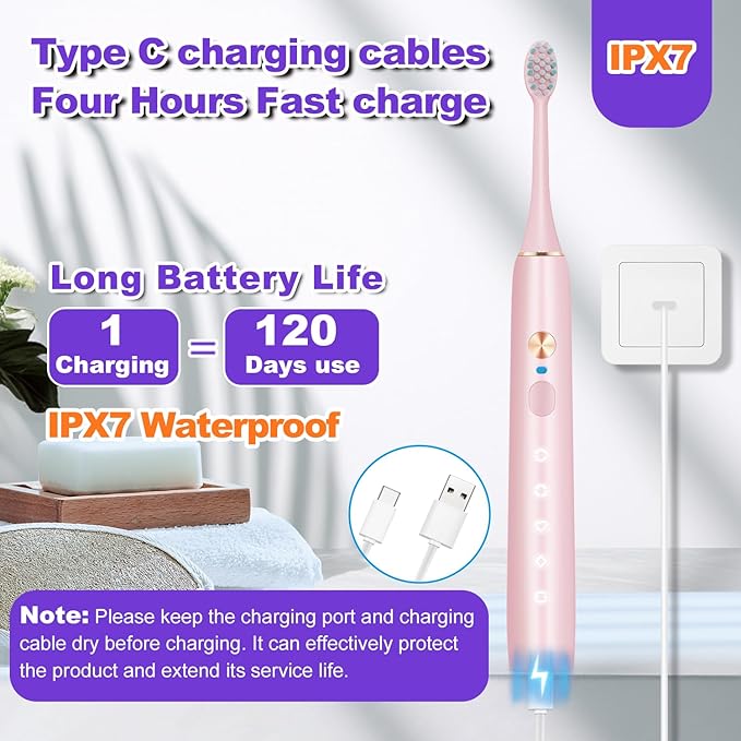 Whitening Electric Toothbrush for Adults and Kids, Rechargeable Toothbrush with 8 Brush Heads & Travel Case, 5 Modes & Smart Timer, 45000VPM Deep Clean, IPX7,One Fast Charge Last 120 Days - Pink