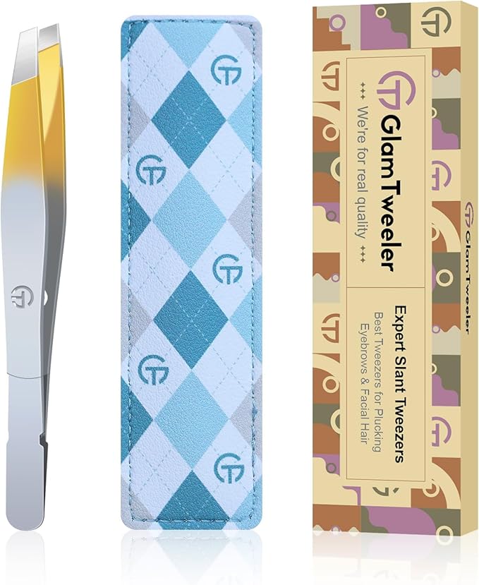 Exclusive G-01 Slant Tip Tweezers, GlamTweeler High Precison Expert Eyebrow and Facial Hair Removal Tweezer with Leather Storage & Carrying Case (Silver & Gold)