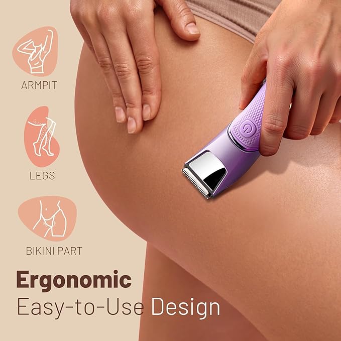 Rechargeable Bikini Trimmer for Women: Pubic Hair Razor with Mirror & LED Light - IPX7 Waterproof Electric Shaver, Travel Lock & Ceramic Blades for Legs Underarm - Shocking Purple