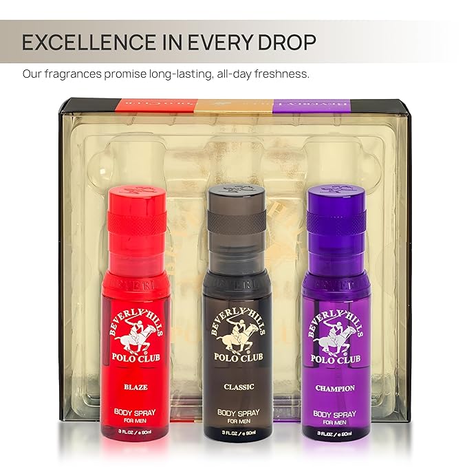 Beverly Hills Polo Club Men's Luxury Body Spray Gift Set - 3 x 3oz Designer Cologne Scents for Dynamic Freshness, Confidence & Active Lifestyles | Gold Collection Ideal for Gifting