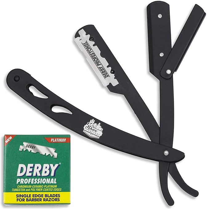 The Shave Factory Straight Edge Razor Kit - with Single Stainless Steel razors (Black + Derby Professional)
