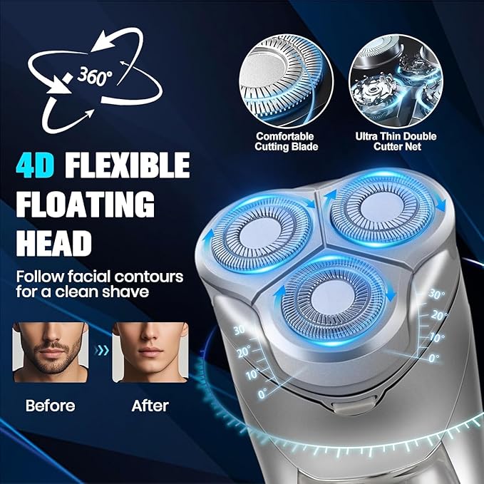 Sakioo Men's Electric Shaver, 3-Blade Rotary 4D Floating Head, IPX7 Waterproof Wet Dry Shaving, Type-C Rechargeable, LED Display Cordless Portable Travel Razor, Ideal Gift for Men