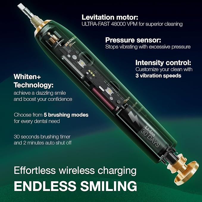 Wagner Stern WHITEN+ Edition. Whitening Electric Toothbrush with Pressure Sensor. Offers 5 Brushing Modes, 3 intensities, 8 Soft Brush Heads, and a Luxury Travel case.