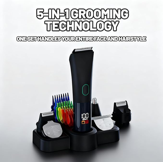 Electric Beard Trimmer for Men, 2026 New 5 IN 1 Cordless Hair Clipper and Shaver Kit with Adjustable Grooming Attachments for Mustache Body Nose Hair, Rechargeable Hair Clippers with Sideburn Trimmer