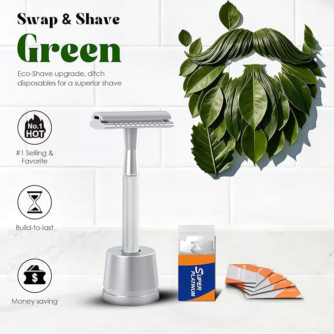Single Blade Safety Razors for Men, Shaving Razor Kit, with 10 Double Edge Blades and 1 Stand, Stainless Steel Reusable Metal Razor, Holiday Gifts for Men Him Husband Dad Son Brother