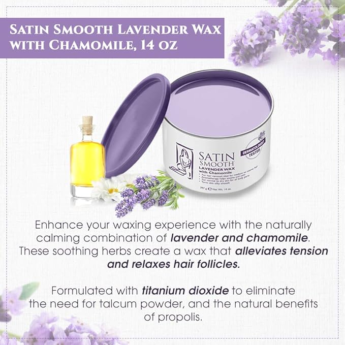 Satin Smooth Lavender Wax with Chamomile, Facial and Full Body Hair Removal Wax, Soothes and Calms, Ideal for Sensitive Skin, Waxing Kit, 14oz, 1-pack