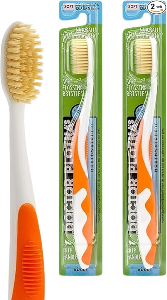 MOUTHWATCHERS Soft Flossing Manual Toothbrush for Adults, 2 Pack, Orange, Ultra Clean, Good for Sensitive Teeth and Gums, by Dr. Plotka's