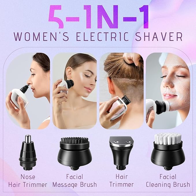 Electric Razors for Women Legs: 5-in-1 Electric Shaver with 7D Head - IPX6 Waterproof Wet Dry Hair Remover with LED Display & Travel Lock for Face Bikini (White Pink)