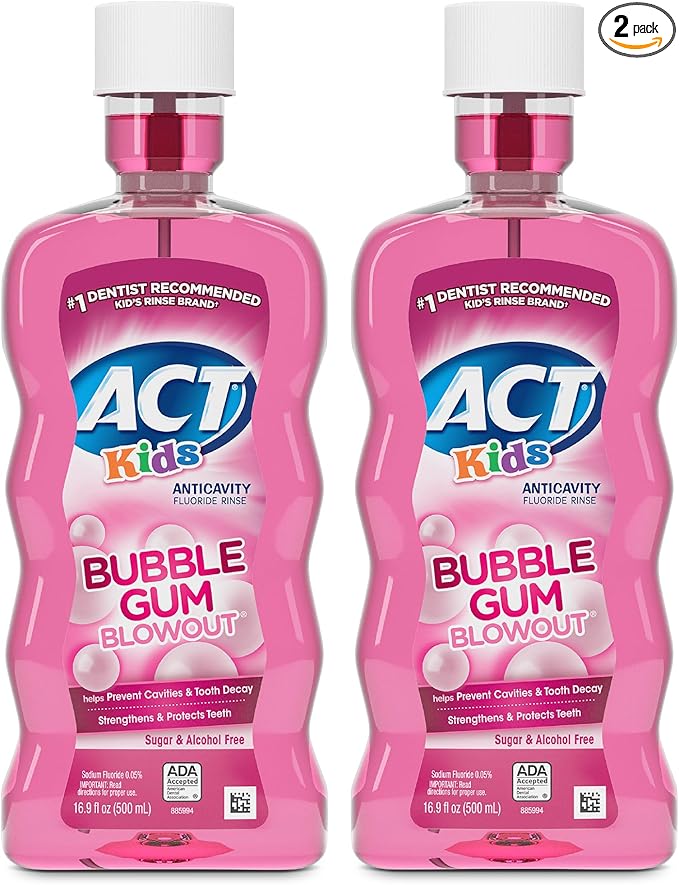 ACT Kids Anticavity Fluoride Mouthwash, Sugar & Alcohol Free Mouth Rinse Strengthens Teeth, Bubble Gum Blowout, 16.9 fl. oz., 2pk