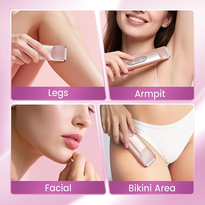 Bikini Trimmer for Women，3 in 1 Electric Razor with Ceramic Blades, IPX7 Waterproof, USB Rechargeable, Painless Hair Removal for Face，Body，Bikini Area, Travel Grooming Kit (Rose Gold)
