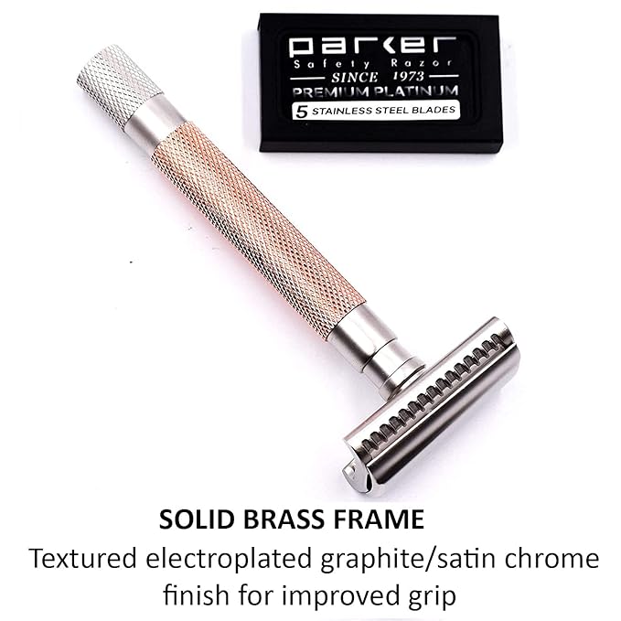 Parker Semi-Slant Safety Razor – Rose Gold Finish | Elegant DE Razor for Women & Men with Sensitive Skin | Slanted Head + 5 Parker Blades for Smooth Results | Iconic Brand