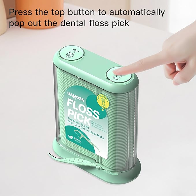 Dental Floss Picks with Dental Floss Dispenser,300 Count Extra Twin Line Mint Flavor Unbreakable & No-Shred Toothpicks Sticks,Superclean Up Teeth(Green)