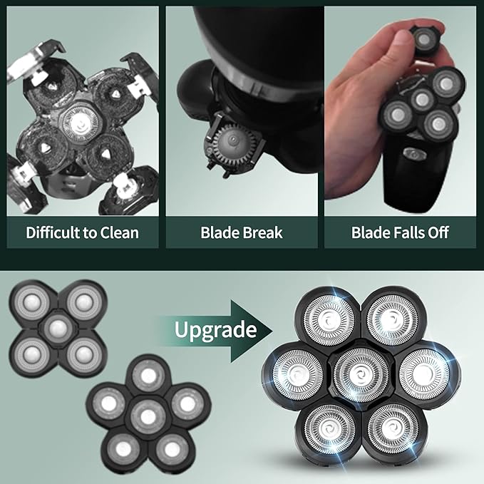 Roziapro Upgrade 7D Freedom Head Shaver Replacement Blades Electric Shaver Replacement Head Shavers for Bald Men Replaceable Head Waterproof Blades for Men 5 in 1 Bald Head Replacement Blades (Gray)