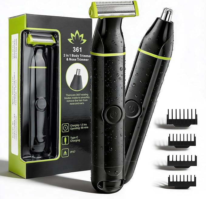Lanumi 2 in 1 Beard Trimmer for Men Electric Razor and Nose Trimmer, IPX7 Waterproof Body Hair Trimmer, Face and Body Shaver, Men's Grooming Kit