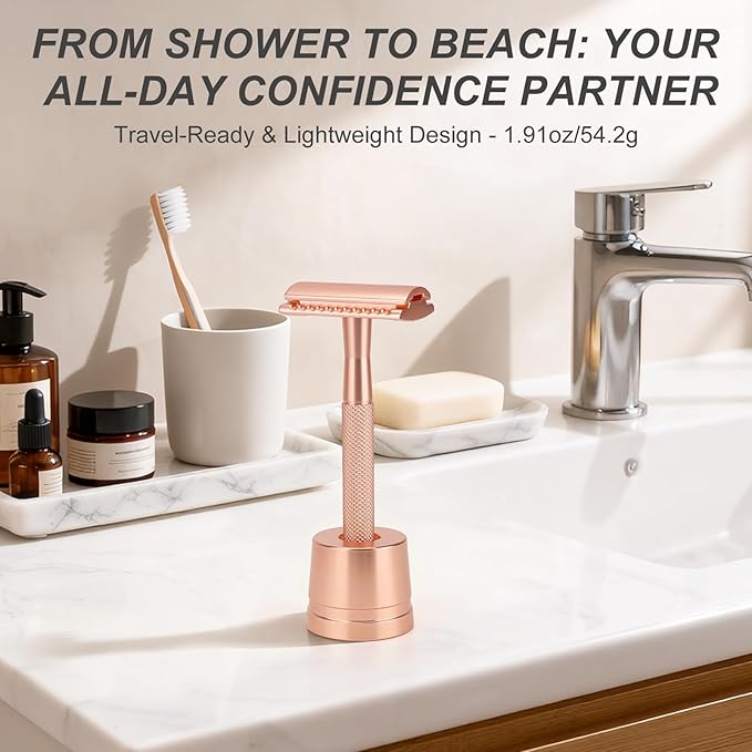 Safety Razor with Stand for Men & Women - Double Edge Single Blade Razor, One Blade Razor with 10 Blades & Metal Stand - Reusable Mens & Womens Shaving Razor (Complete Kit)-Rose gold