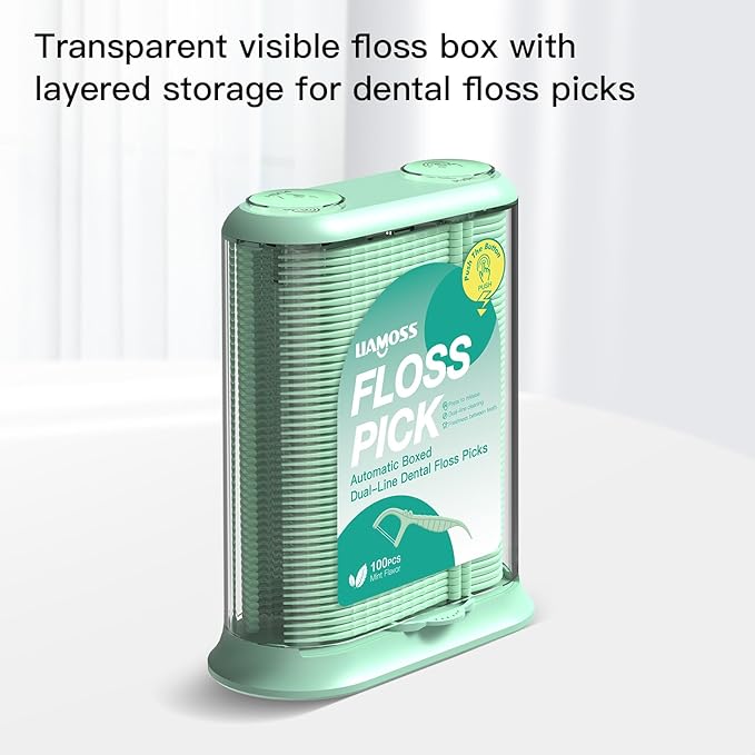 Dental Floss Picks with Dental Floss Dispenser,300 Count Extra Twin Line Mint Flavor Unbreakable & No-Shred Toothpicks Sticks,Superclean Up Teeth(Green)