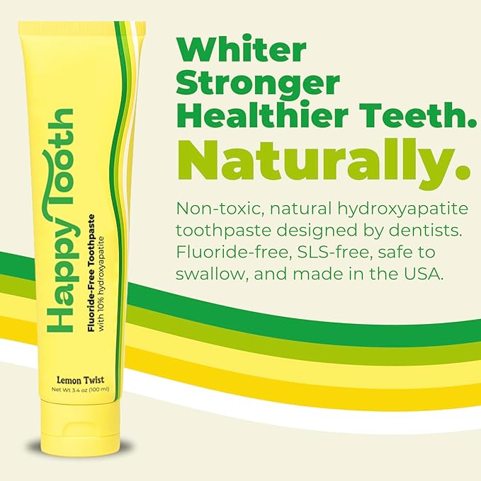 Happy Tooth Hydroxyapatite Toothpaste, Fluoride Free, Natural Whitening for Kids, Toddlers and Adults, SLS Free, Enamel Safe, Dentist Formulated with Clean Ingredients, Lemon Twist Flavor, 3.4 oz