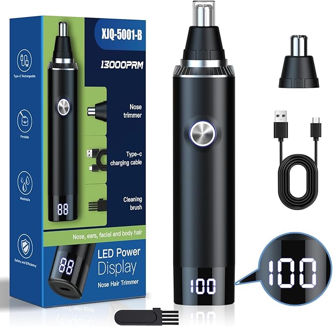 Ear & Nose Hair Trimmer with LED Display for Men Women,Painless USB Rechargeable Eyebrow & Facial & Nose Hair Trimmer Clipper,Professional IPX7 Waterproof Dual Edge Blades