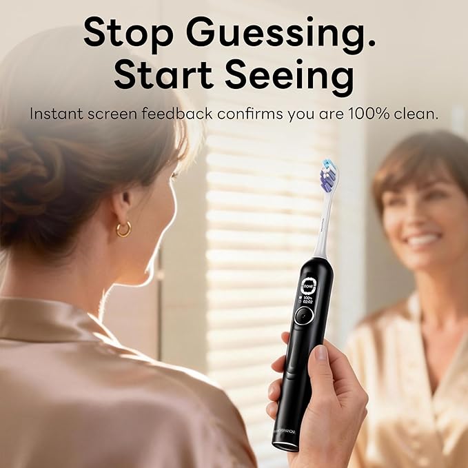 AI Sonic Electric Toothbrush for Adults with Brushing Score & Smart Timer Display, 6-Zone Tracking, Rechargeable Whitening Brush with Soft Heads (Midnight Black)