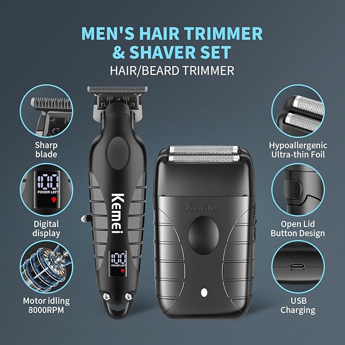 KEMEI Professional Electric Foil Shaver for Men, Beard Trimmer & Men's Grooming Set, Foil Shaving Kit and Bald Head Precision Trimmer, Cordless and Rechargeable with USB, Gifts for Men