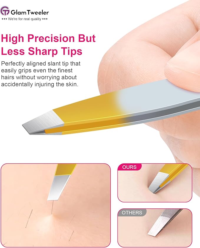 Exclusive G-01 Slant Tip Tweezers, GlamTweeler High Precison Expert Eyebrow and Facial Hair Removal Tweezer with Leather Storage & Carrying Case (Silver & Gold)