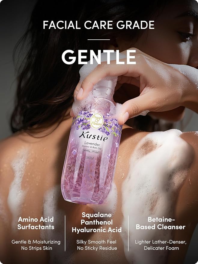 Kustie Lavender Petal Body Wash with 345 Real Provence Petals, Tea Tree Oil, Squalane & Hyaluronic Acid | Acne-Fighting, Calming & Hydrating Cleanser | Vegan, Sulfate-Free | 12.8 Fl Oz