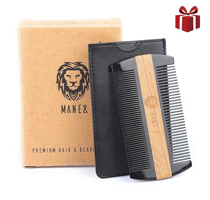 Premium Natural Ox horn and Sandalwood Beard Comb Dual-Action | Double Sided Beard & Mustache Comb with Black Protective Case | Perfect Grooming Companion & Gift for Men – by Man & Mane
