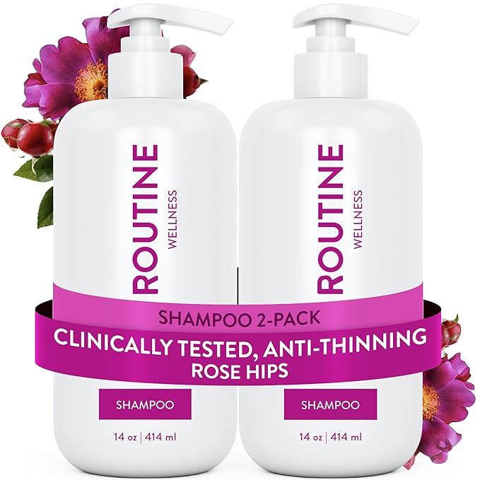 Routine Wellness Anti-Thinning Shampoo for Thinning Hair - Biotin DHT Blocker Women & Men - Color Safe Shampoo for Hair Loss & Healthy Hair - Rose Hips 14oz (Pack of 2)