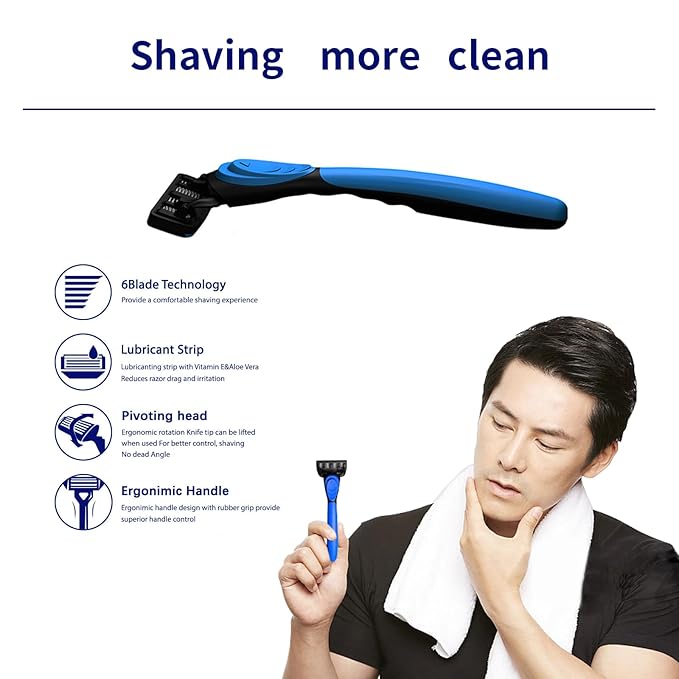 6-Blade Razor,Plastic Anti-slip Men Manual Refill Cartridges razors, 1 handle and 8 refill razor cartridges, Reusable Face Cleansing Care Tool, Shave Supplies for Men and Women - Black