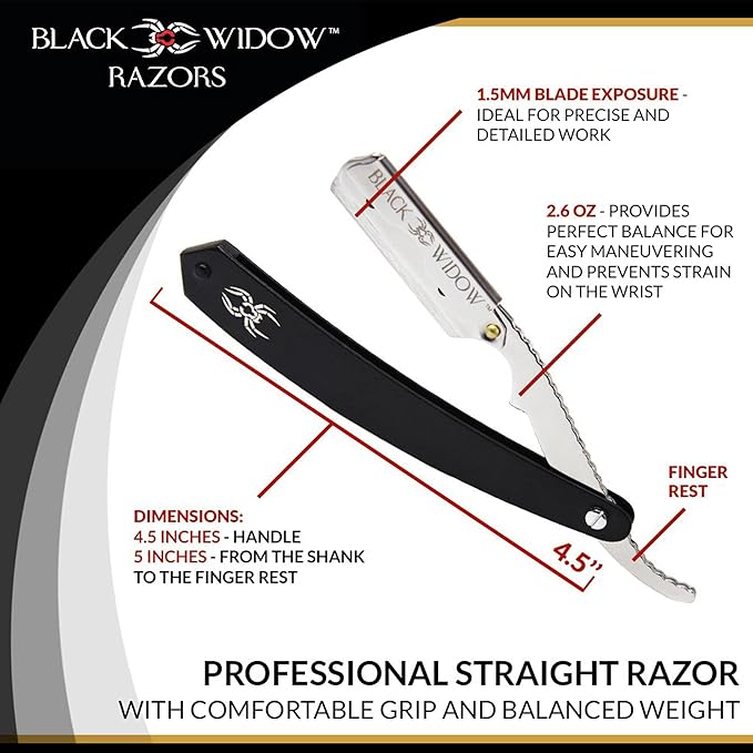 Black Widow Professional Straight Edge Razor Kit with 10 Blades – Stainless Steel Barber Razor for Men’s Shaving, Classic Barbero Shaver for Smooth, Precise, and Comfortable Shaves