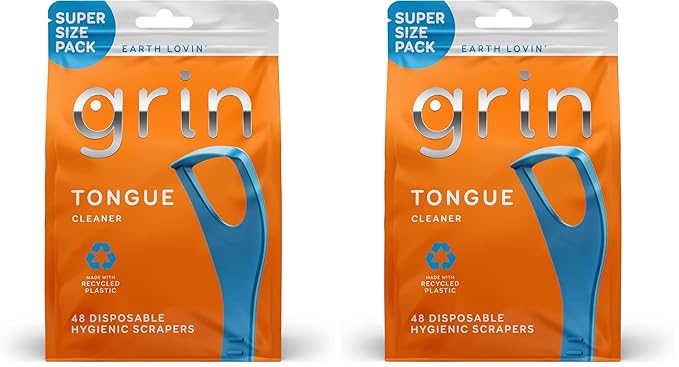 GRIN Tongue Cleaner, 48 Count, Disposable Tongue Cleaner, Hygienic Scraper, Recycled Plastic, Clean Tongue, Promote Fresh Breath, Includes Safe Fold- Back Tooth Pick (Pack of 2)