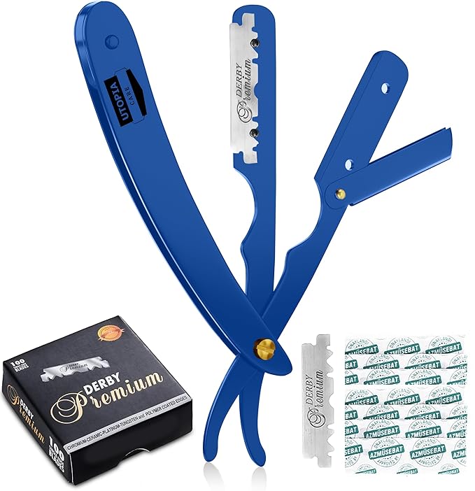 Utopia Care Professional Straight Razor for Men, Barber Straight Edge Razor Safety with 100 Pack Blades, Blue