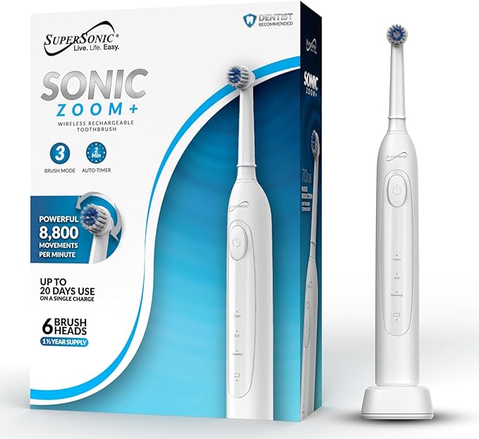 Supersonic TB-1000 Sonic Zoom+ Advanced Rotating Electric Toothbrush | 8,800 OPM | Wireless Charging | 3 Cleaning Modes | 6 Brush Heads | Auto Timer | Travel Case | Black (White)