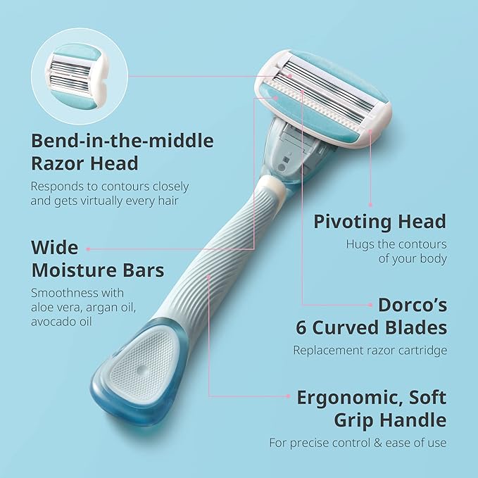 DORCO eve Pack of 6 Razors for Women for Extra Close Shaving, (No Handle, 8 Pcs Razor Blade Refills), Double 3 Curved Blades with Bend-in-the-middle Razor Head, Razors for Shaving