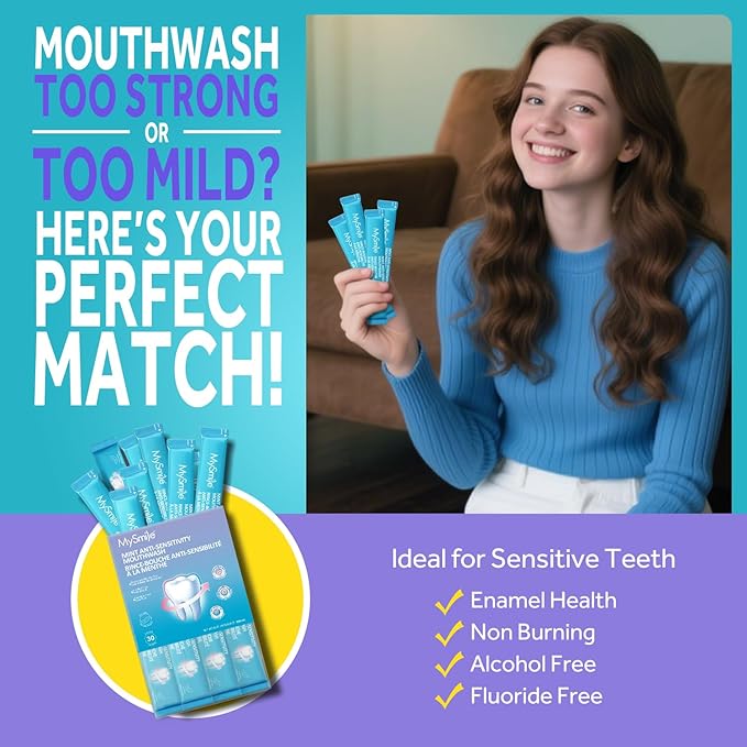 MySmile Mouthwash for Sensitive Teeth, Nano Hydroxyapatite Mouth Wash Travel Size, Fluoride Free Alcohol-Free Remineralizing for Enamel Strength Oral Rinse, Fresh Mint Flavor, 90 Packets